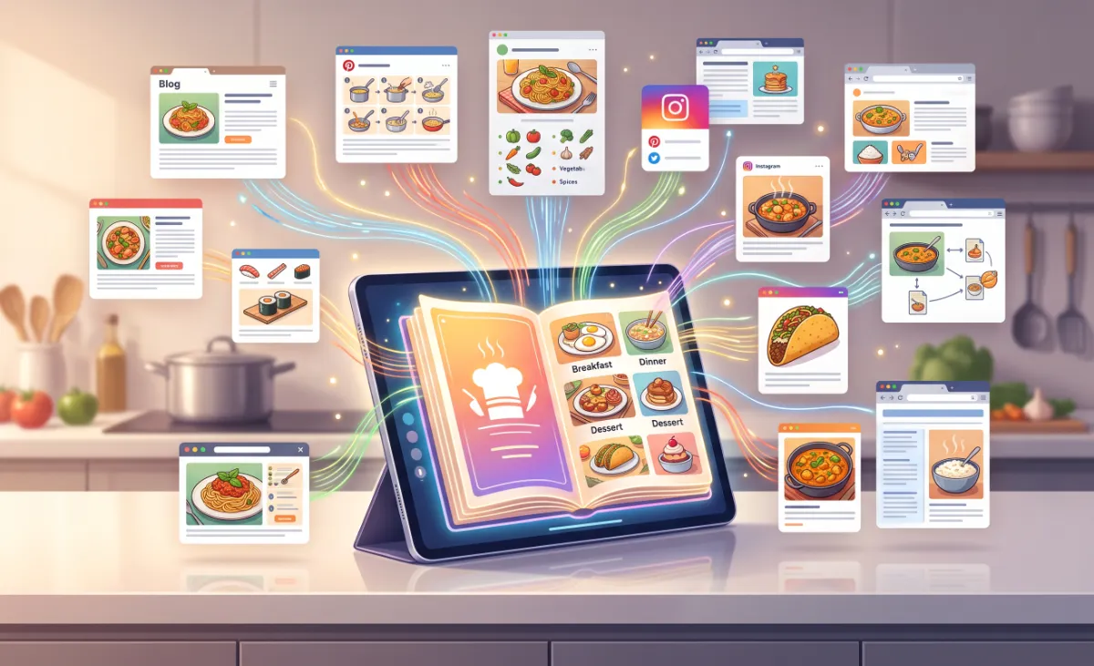 A tablet holding one digital cookbook, with recipe cards from many different websites collected into it