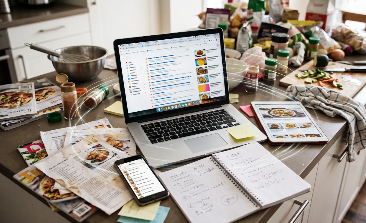 A kitchen counter crowded with printed recipes, a notebook and a phone beside a laptop full of open recipe tabs